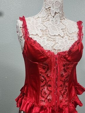 Shirley Of Hollywood Red Satin Corset With Lace And Sequin Accents Size 32